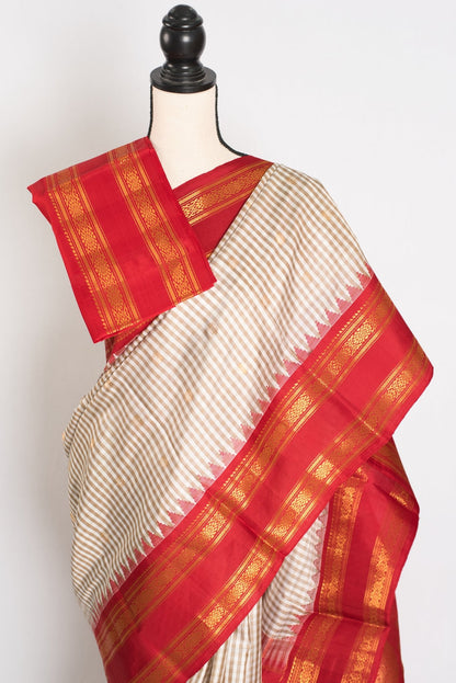 Mira: White and Brown Micro Checks Gadwal Silk Saree with Rich Red Zari Border - Saree Mandi