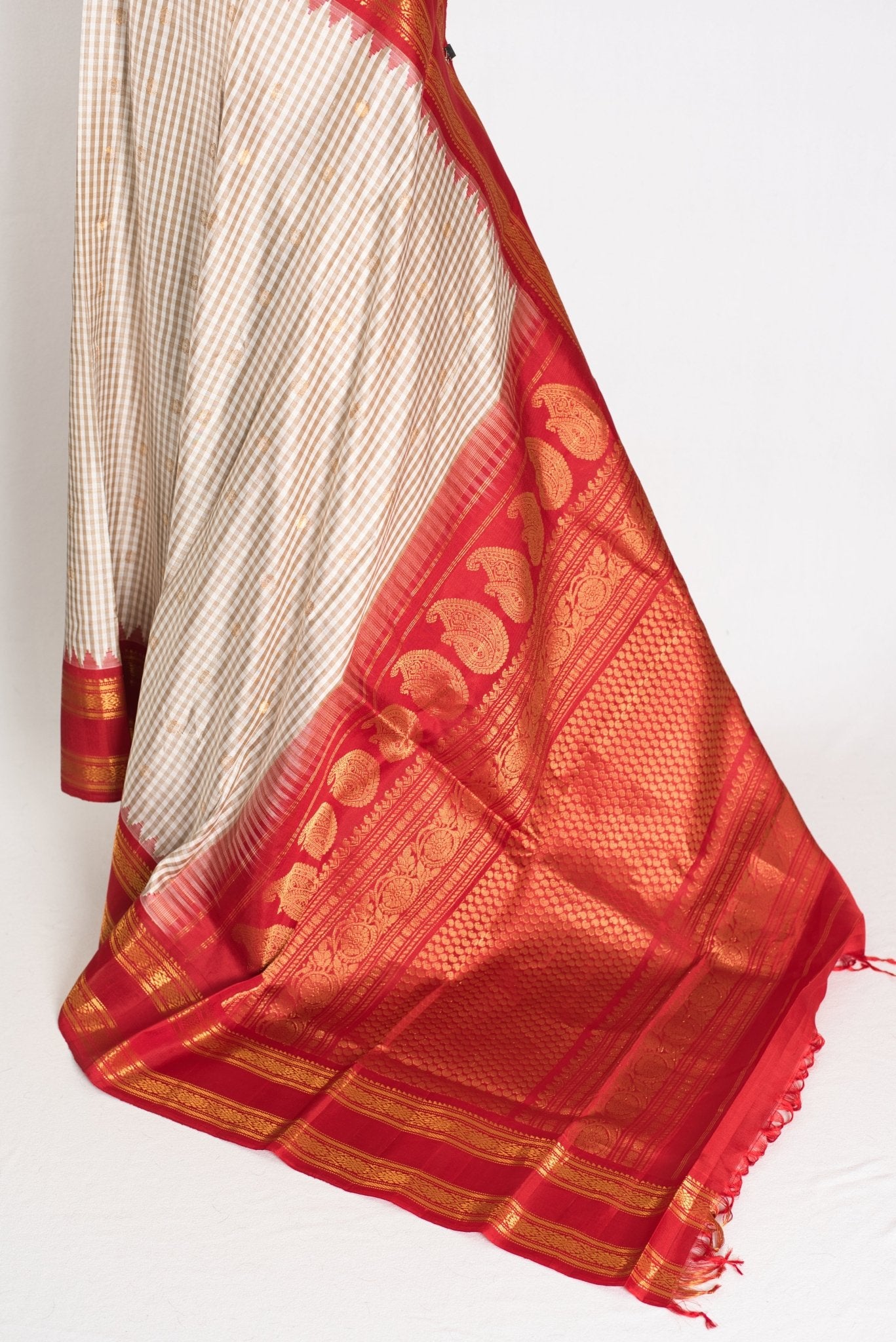 Mira: White and Brown Micro Checks Gadwal Silk Saree with Rich Red Zari Border - Saree Mandi