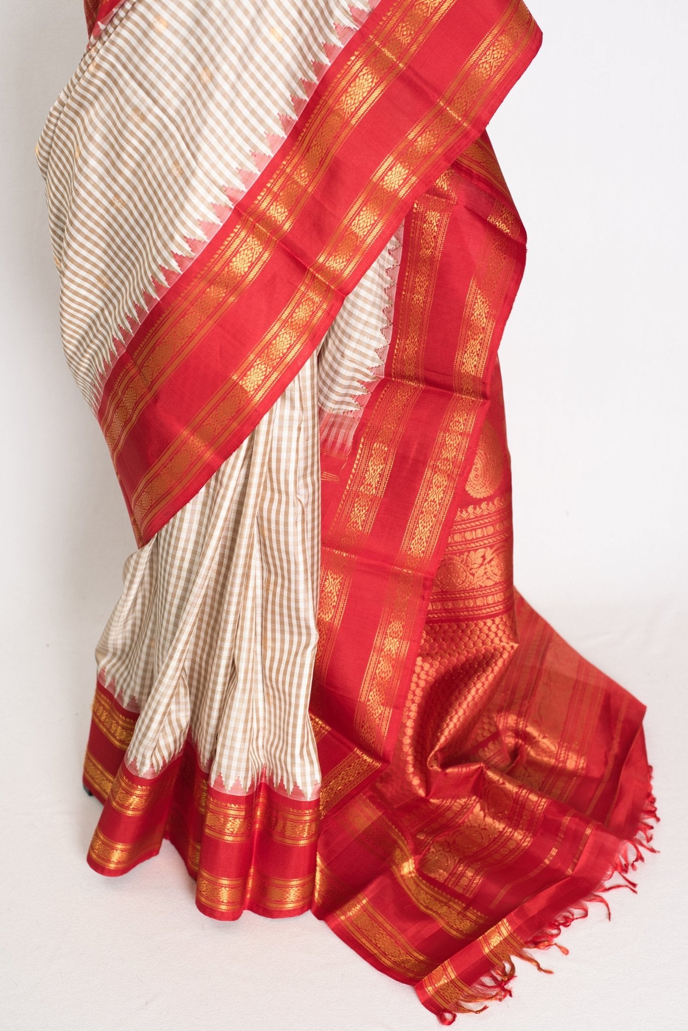 Mira: White and Brown Micro Checks Gadwal Silk Saree with Rich Red Zari Border - Saree Mandi