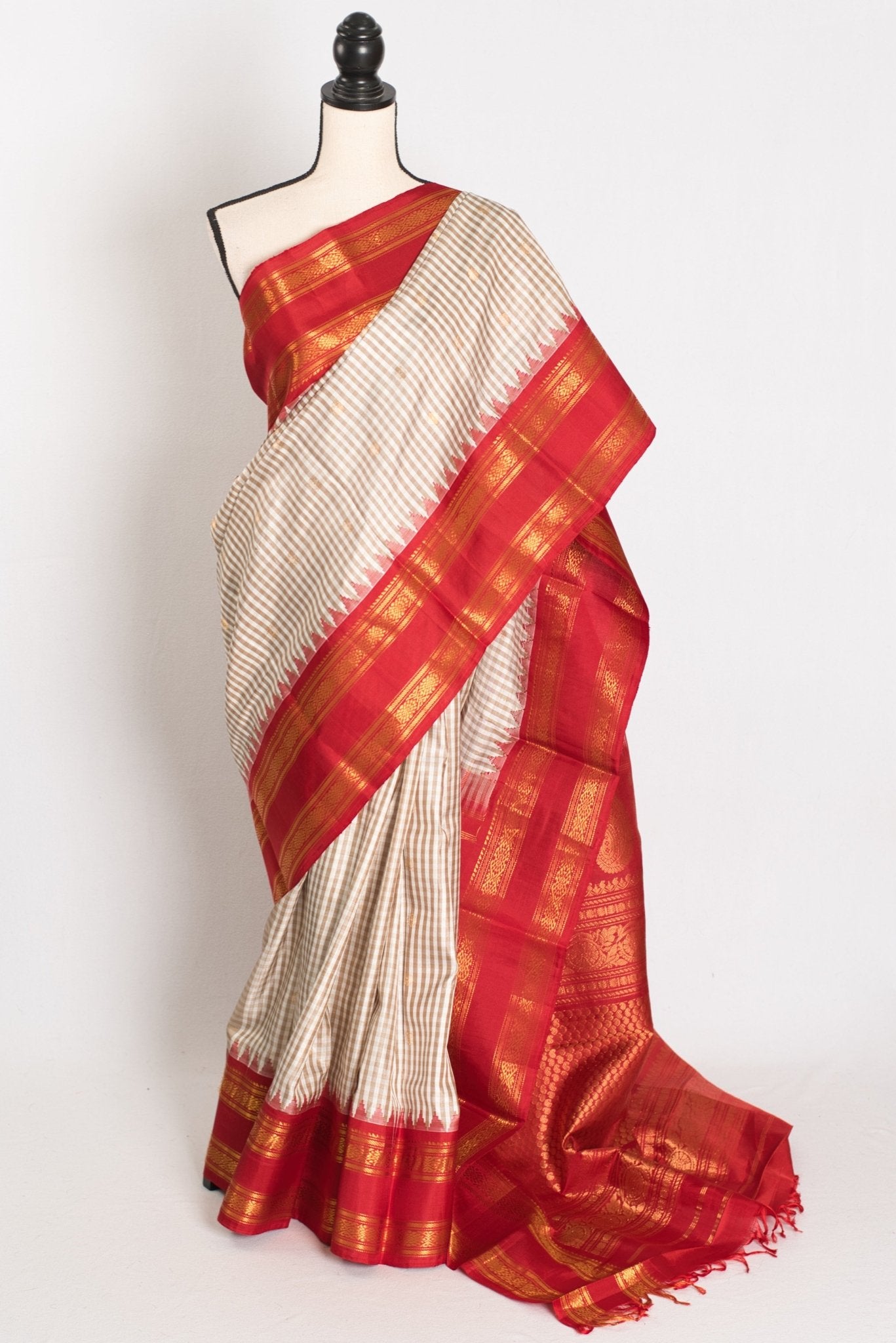 Mira: White and Brown Micro Checks Gadwal Silk Saree with Rich Red Zari Border - Saree Mandi