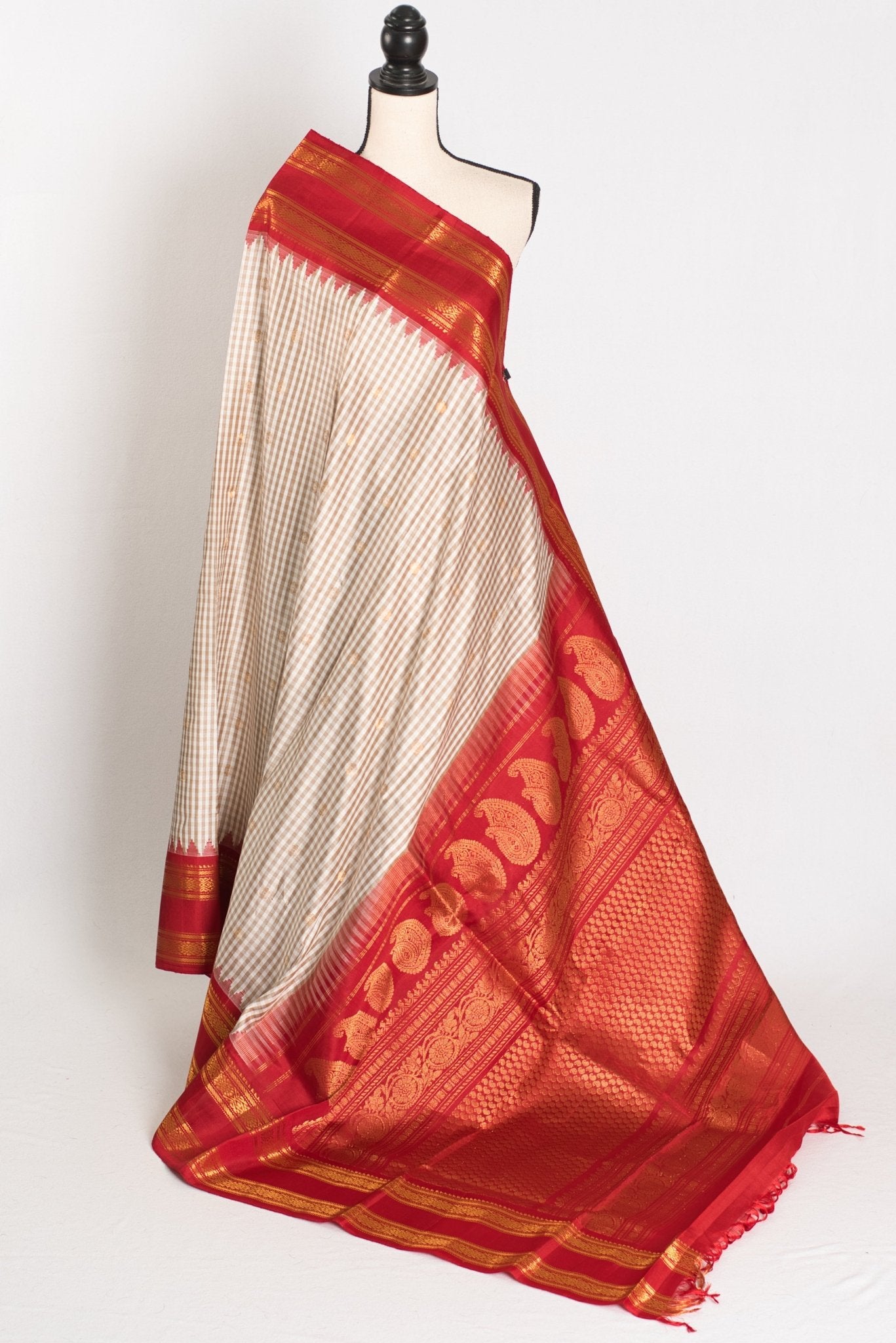 Mira: White and Brown Micro Checks Gadwal Silk Saree with Rich Red Zari Border - Saree Mandi