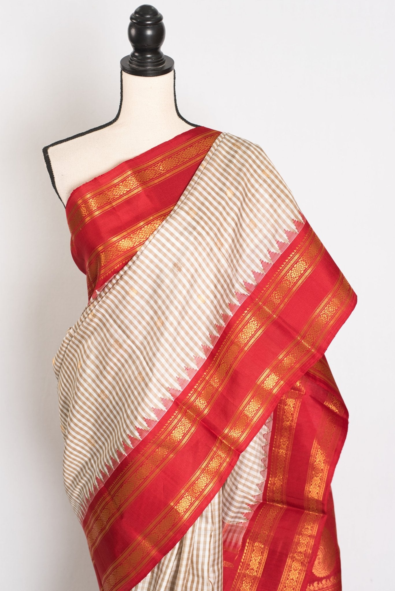 Mira: White and Brown Micro Checks Gadwal Silk Saree with Rich Red Zari Border - Saree Mandi