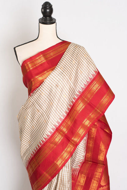 Mira: White and Brown Micro Checks Gadwal Silk Saree with Rich Red Zari Border - Saree Mandi