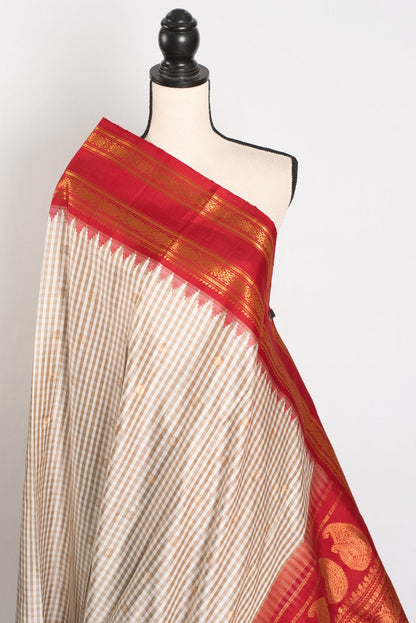 Mira: White and Brown Micro Checks Gadwal Silk Saree with Rich Red Zari Border - Saree Mandi