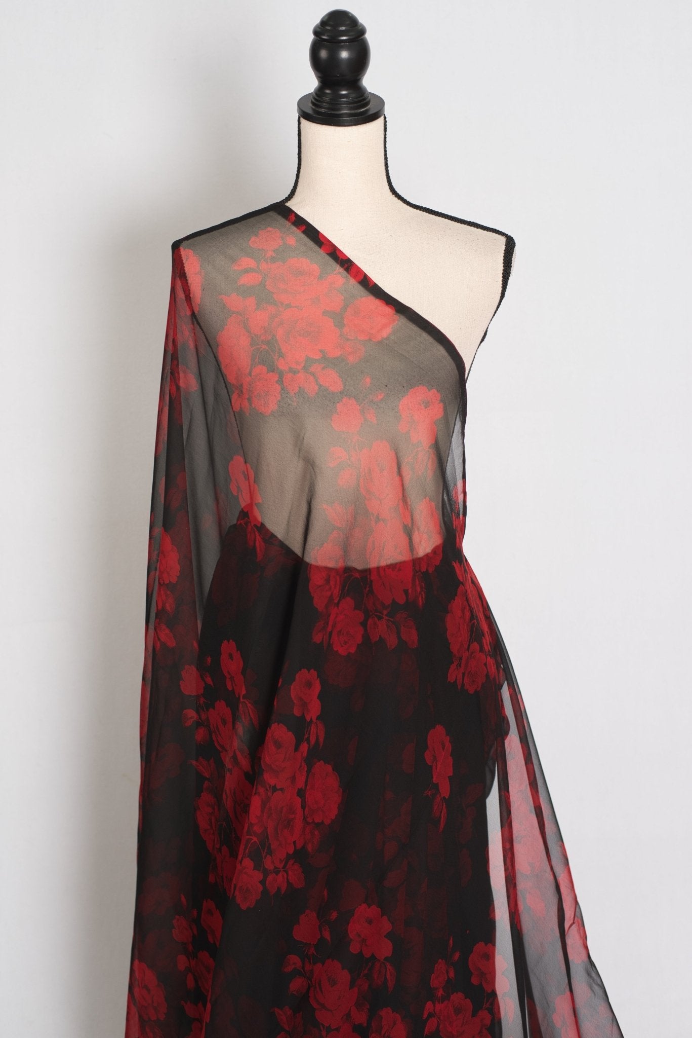 Mita : Black and Red Rose Printed Chiffon Saree - Budget Clearance Edition - Saree Mandi