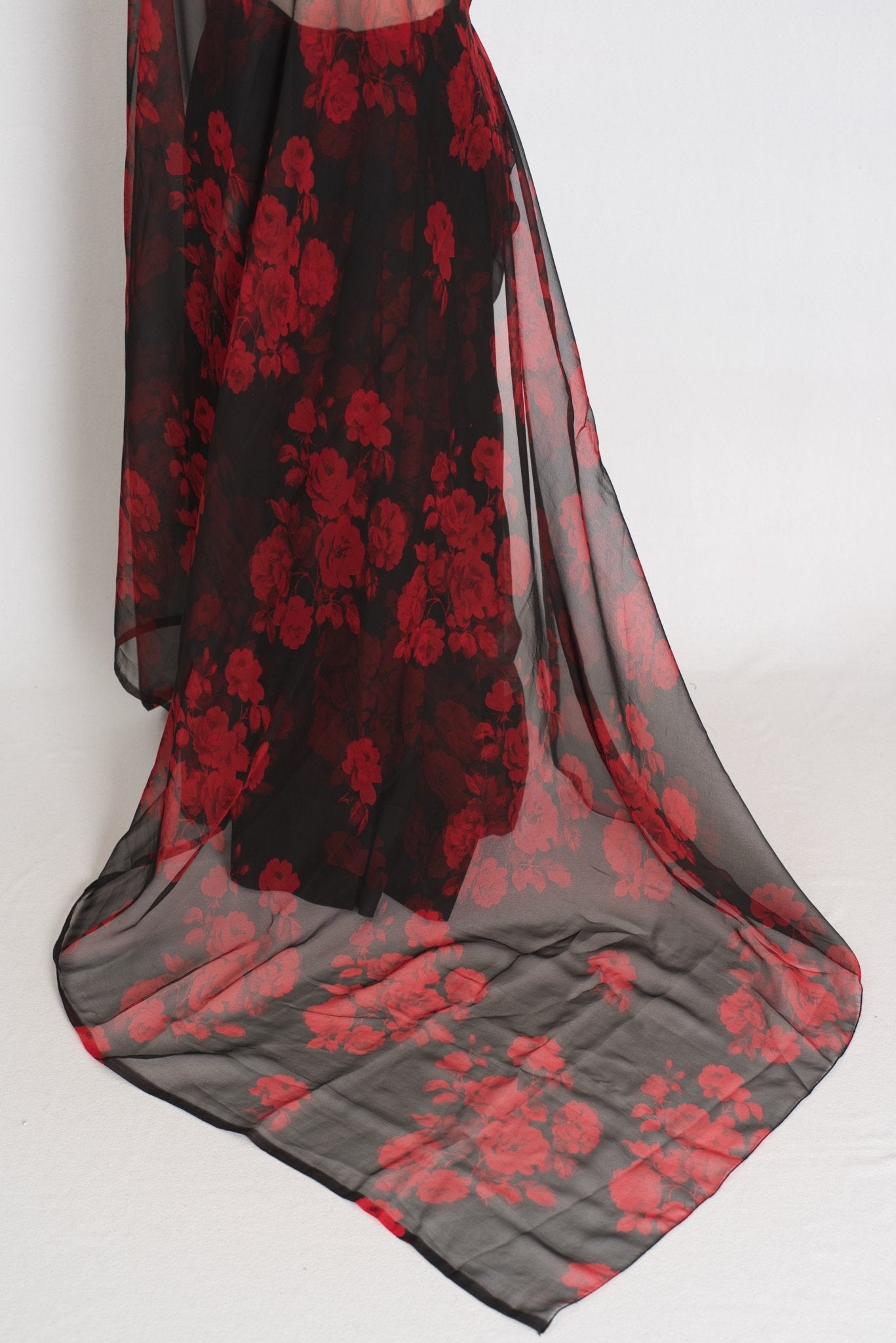 Mita : Black and Red Rose Printed Chiffon Saree - Budget Clearance Edition - Saree Mandi