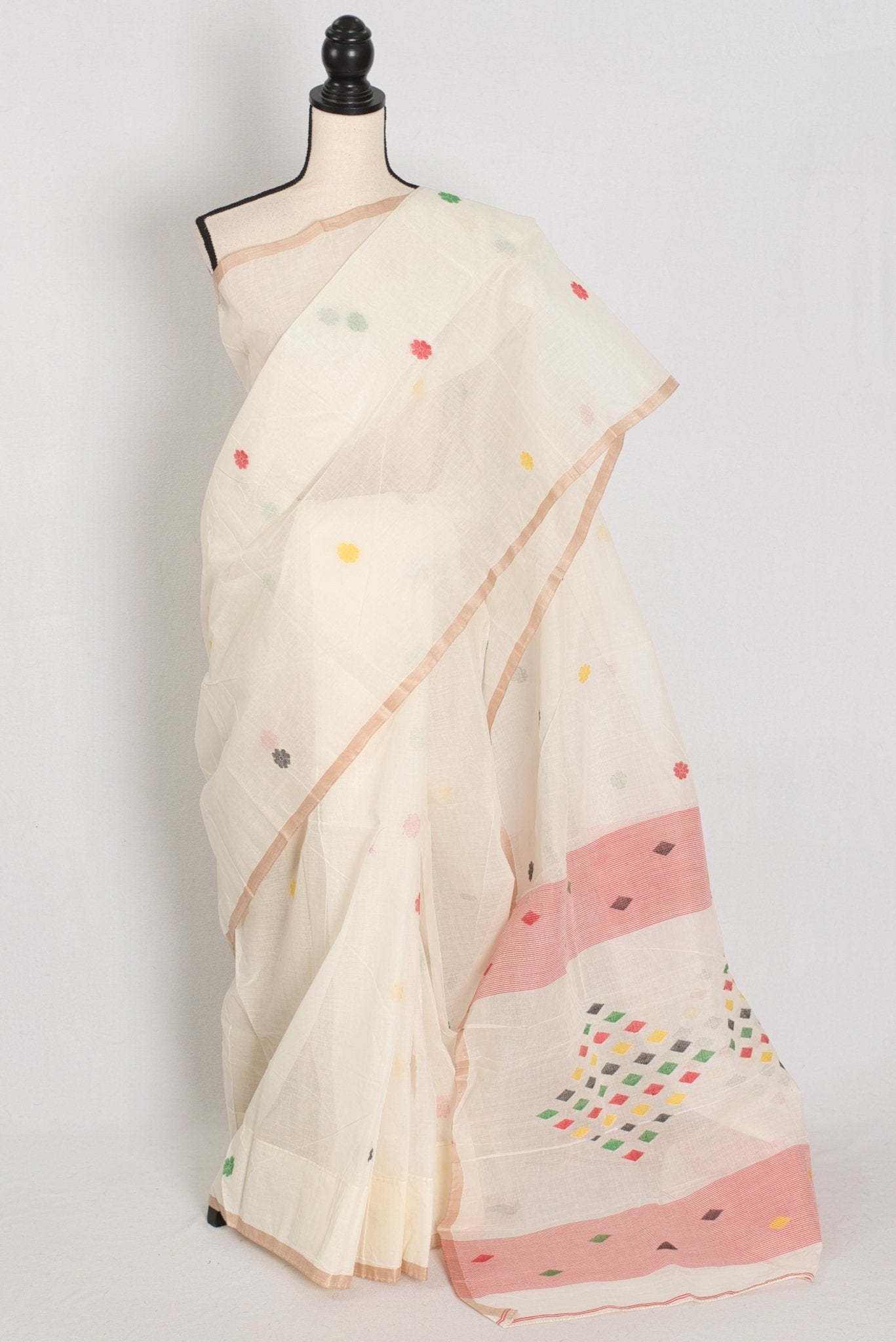 Mita: Pristine Off - White Bengal Handloom Cotton Jamdani Saree - Saree Mandi