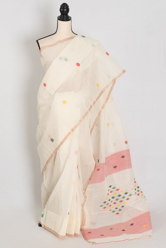Mita: Pristine Off - White Bengal Handloom Cotton Jamdani Saree - Saree Mandi