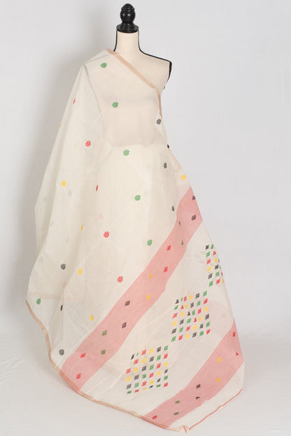 Mita: Pristine Off - White Bengal Handloom Cotton Jamdani Saree - Saree Mandi