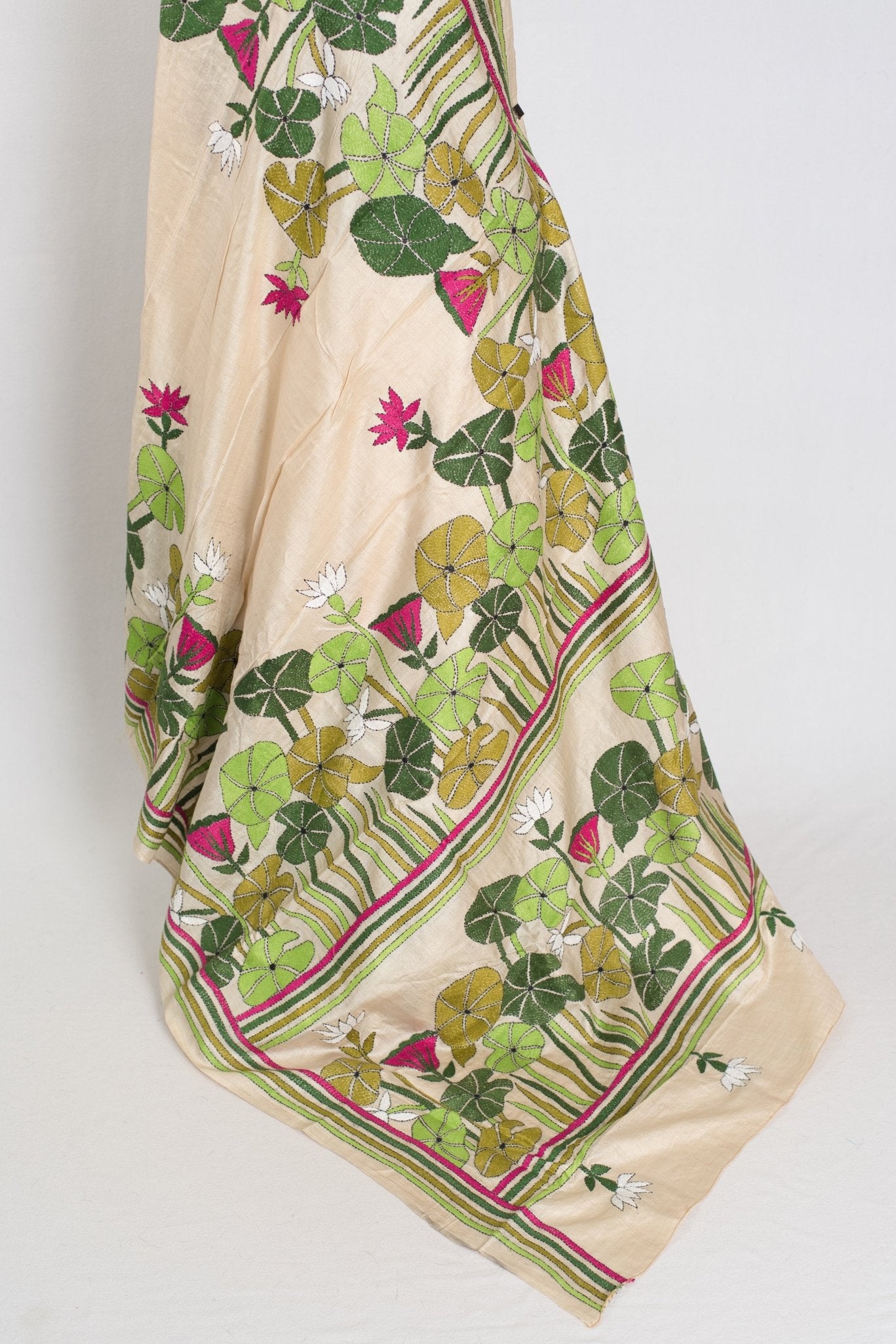 Mitra: Hand Embroidery Kantha Stitch Pure Gachi Tussar Silk Saree - Saree Mandi