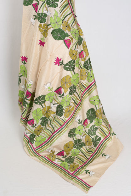 Mitra: Hand Embroidery Kantha Stitch Pure Gachi Tussar Silk Saree - Saree Mandi