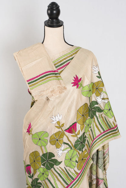 Mitra: Hand Embroidery Kantha Stitch Pure Gachi Tussar Silk Saree - Saree Mandi