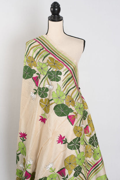 Mitra: Hand Embroidery Kantha Stitch Pure Gachi Tussar Silk Saree - Saree Mandi
