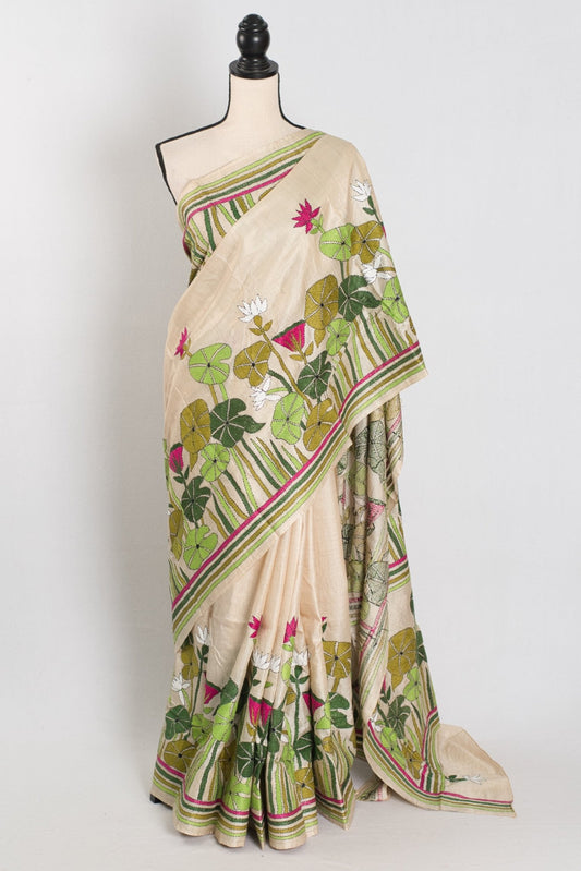 Mitra: Hand Embroidery Kantha Stitch Pure Gachi Tussar Silk Saree - Saree Mandi