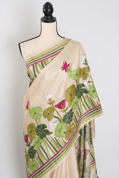 Mitra: Hand Embroidery Kantha Stitch Pure Gachi Tussar Silk Saree - Saree Mandi