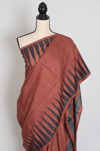 Mitra | Rust & Black Silk Mark Tussar Ajrakh Hand Block Print Saree - Saree Mandi