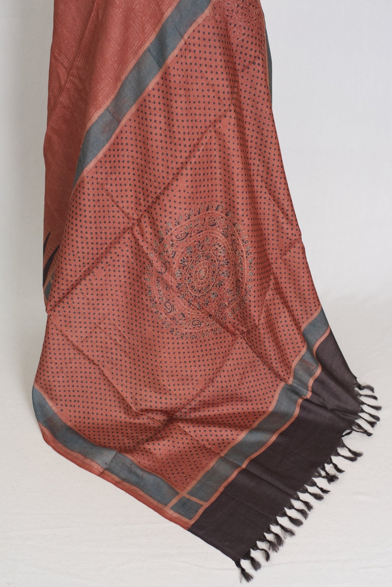 Mitra | Rust & Black Silk Mark Tussar Ajrakh Hand Block Print Saree - Saree Mandi