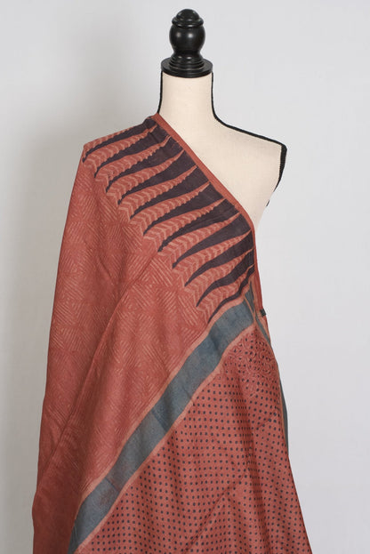Mitra | Rust & Black Silk Mark Tussar Ajrakh Hand Block Print Saree - Saree Mandi