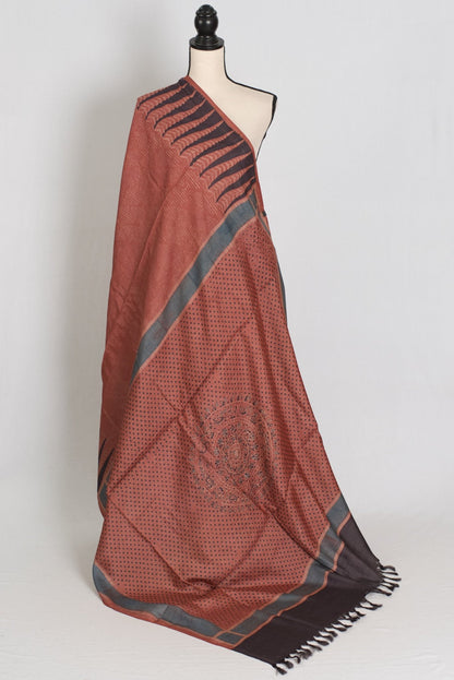 Mitra | Rust & Black Silk Mark Tussar Ajrakh Hand Block Print Saree - Saree Mandi