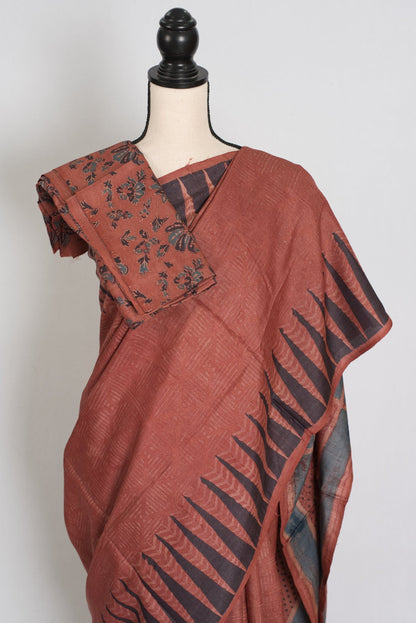 Mitra | Rust & Black Silk Mark Tussar Ajrakh Hand Block Print Saree - Saree Mandi