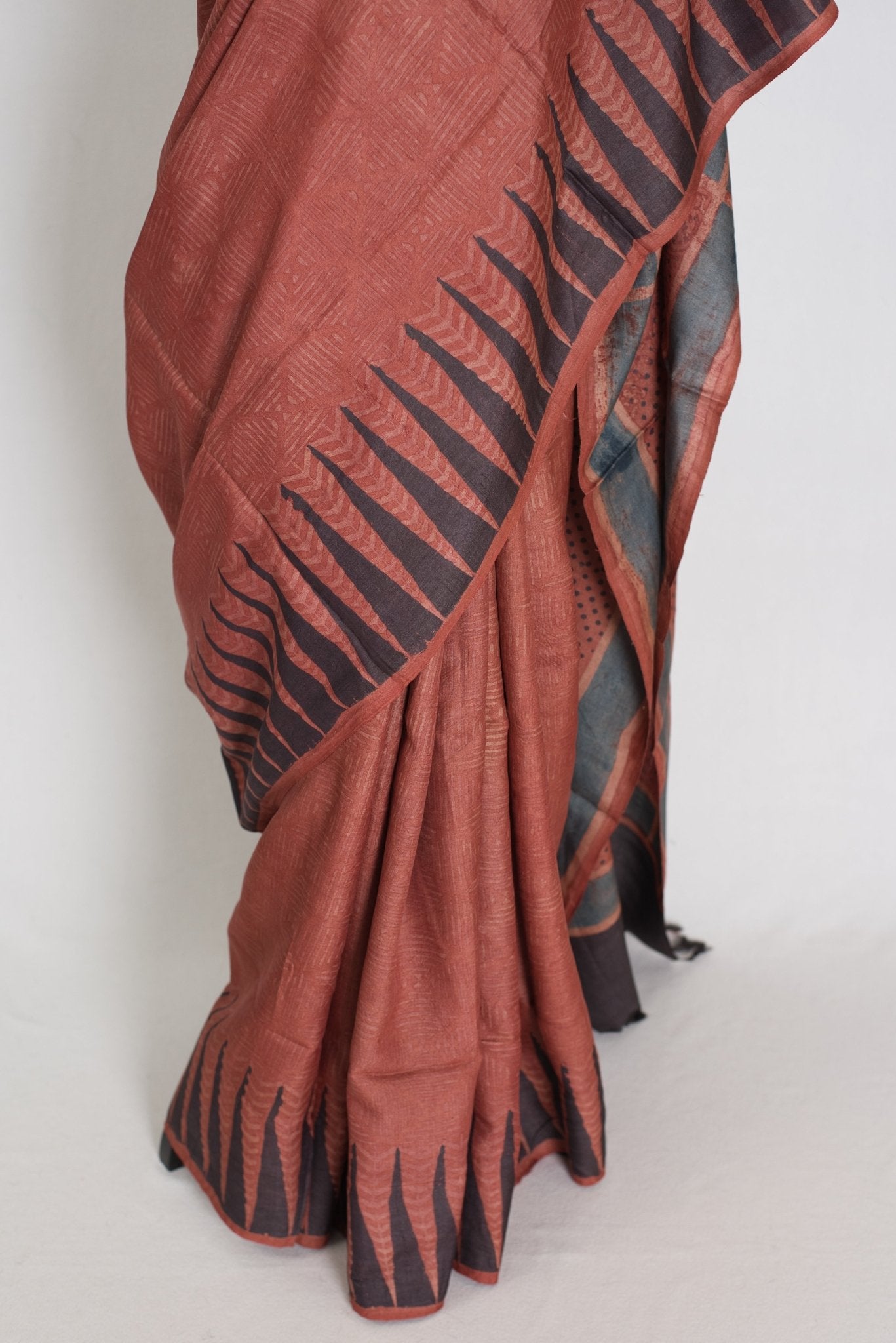 Mitra | Rust & Black Silk Mark Tussar Ajrakh Hand Block Print Saree - Saree Mandi