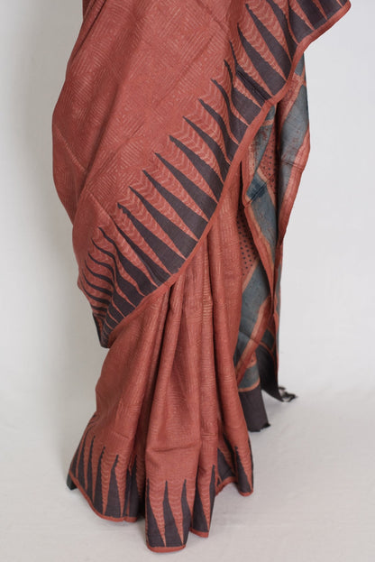 Mitra | Rust & Black Silk Mark Tussar Ajrakh Hand Block Print Saree - Saree Mandi