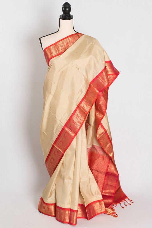 Mohini: Clay White & Coral Pink Kanjivaram Silk Saree | Silk Mark Certified - Saree Mandi