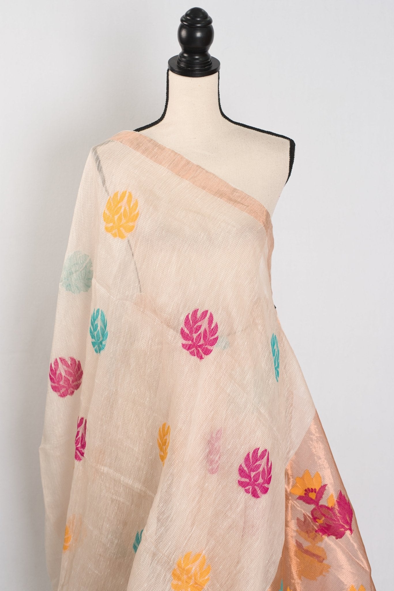 Mou: Beige & Gold Bengal Silk Linen Saree | Elegant Festive Wear - Saree Mandi