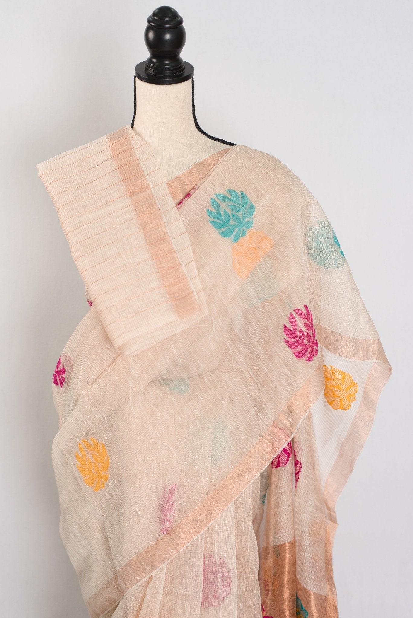 Mou: Beige & Gold Bengal Silk Linen Saree | Elegant Festive Wear - Saree Mandi