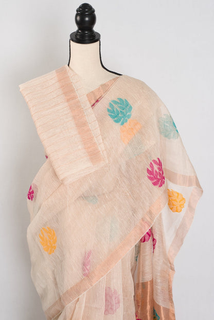 Mou: Beige & Gold Bengal Silk Linen Saree | Elegant Festive Wear - Saree Mandi
