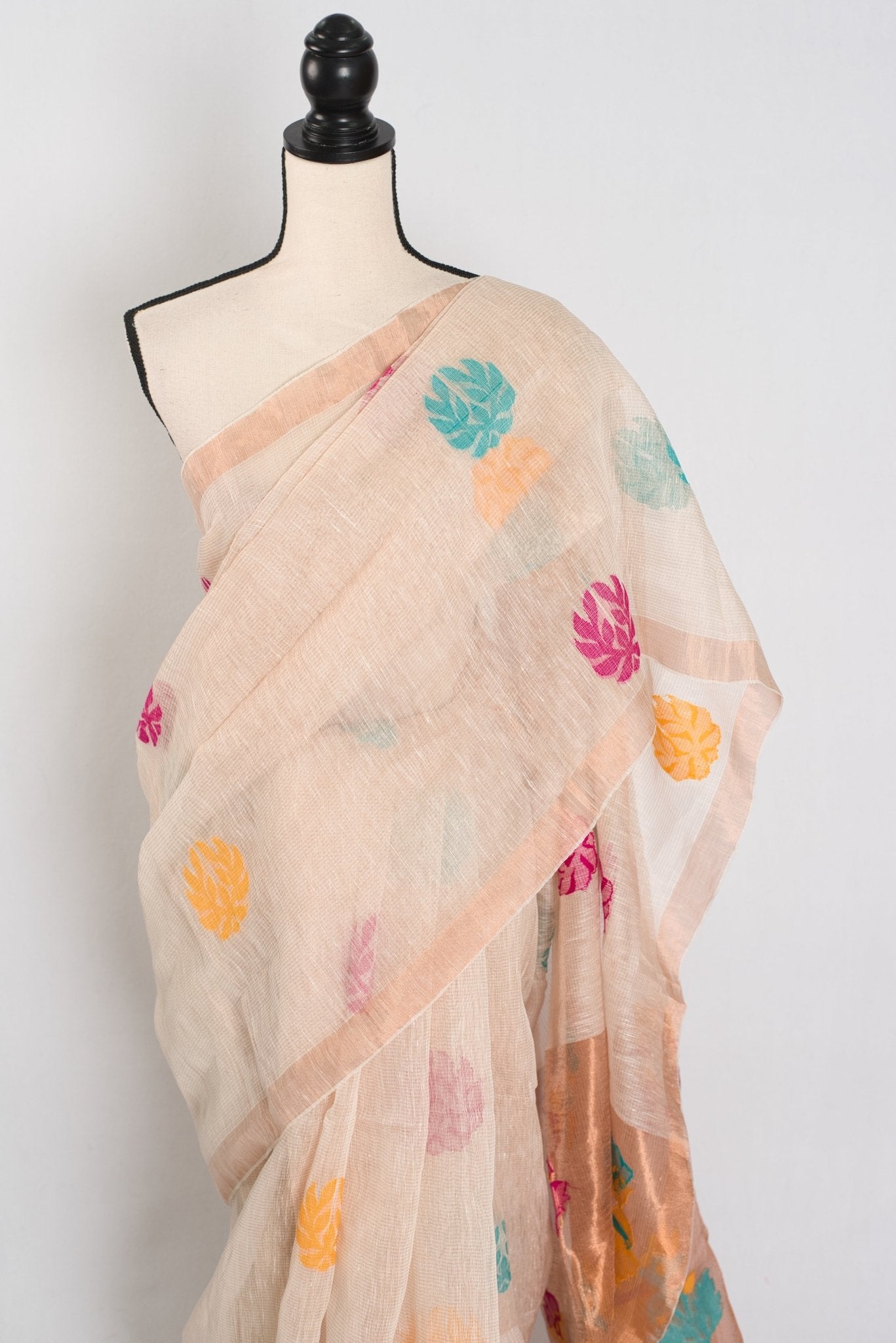 Mou: Beige & Gold Bengal Silk Linen Saree | Elegant Festive Wear - Saree Mandi