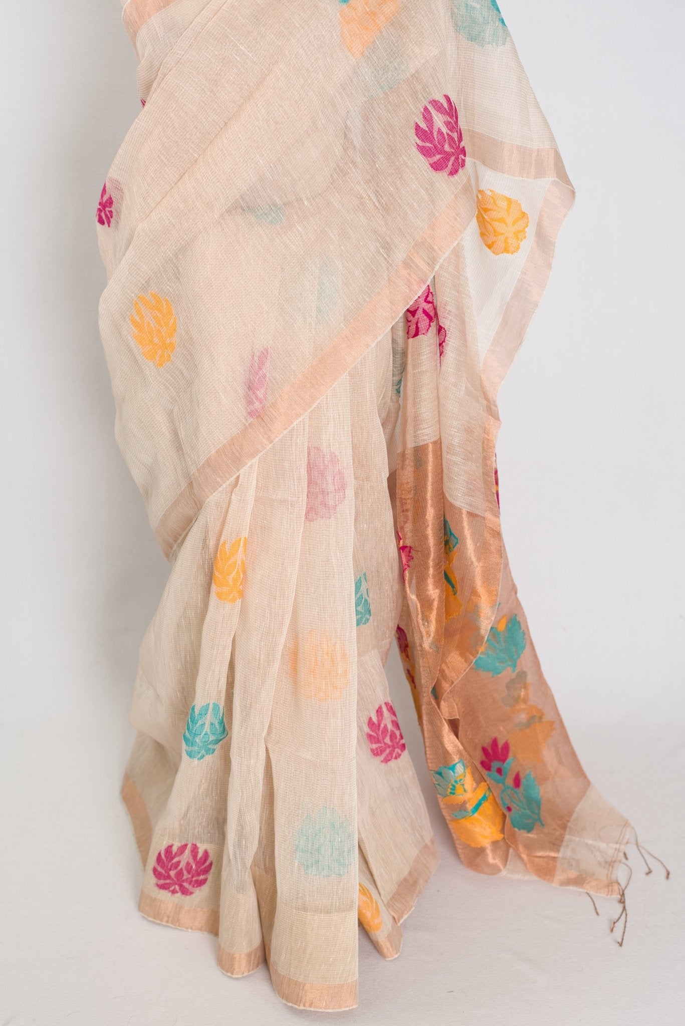 Mou: Beige & Gold Bengal Silk Linen Saree | Elegant Festive Wear - Saree Mandi