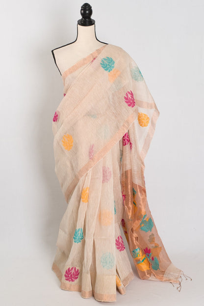 Mou: Beige & Gold Bengal Silk Linen Saree | Elegant Festive Wear - Saree Mandi