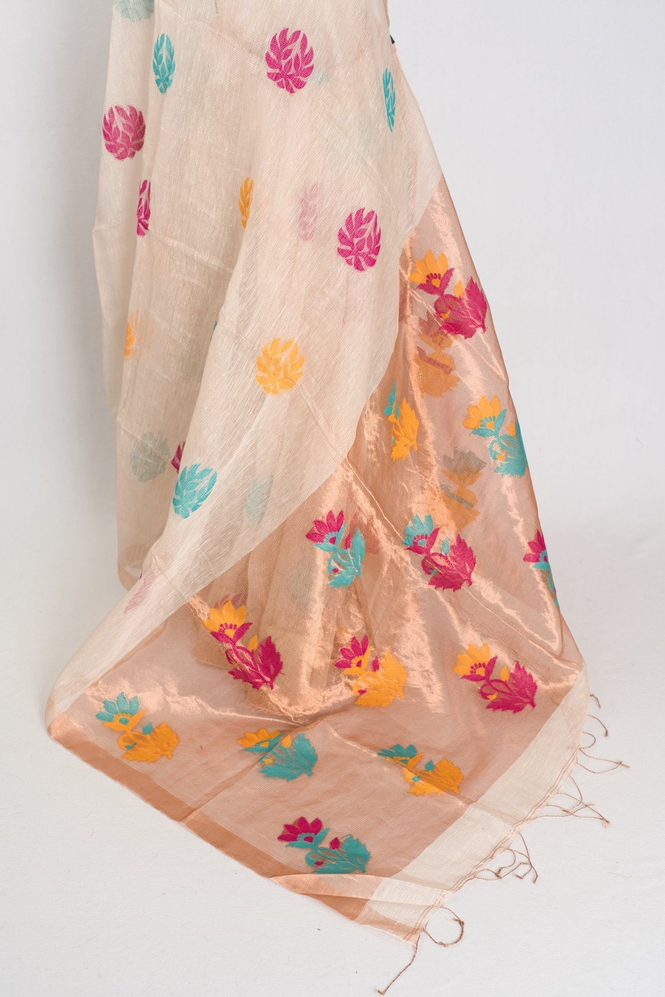 Mou: Beige & Gold Bengal Silk Linen Saree | Elegant Festive Wear - Saree Mandi