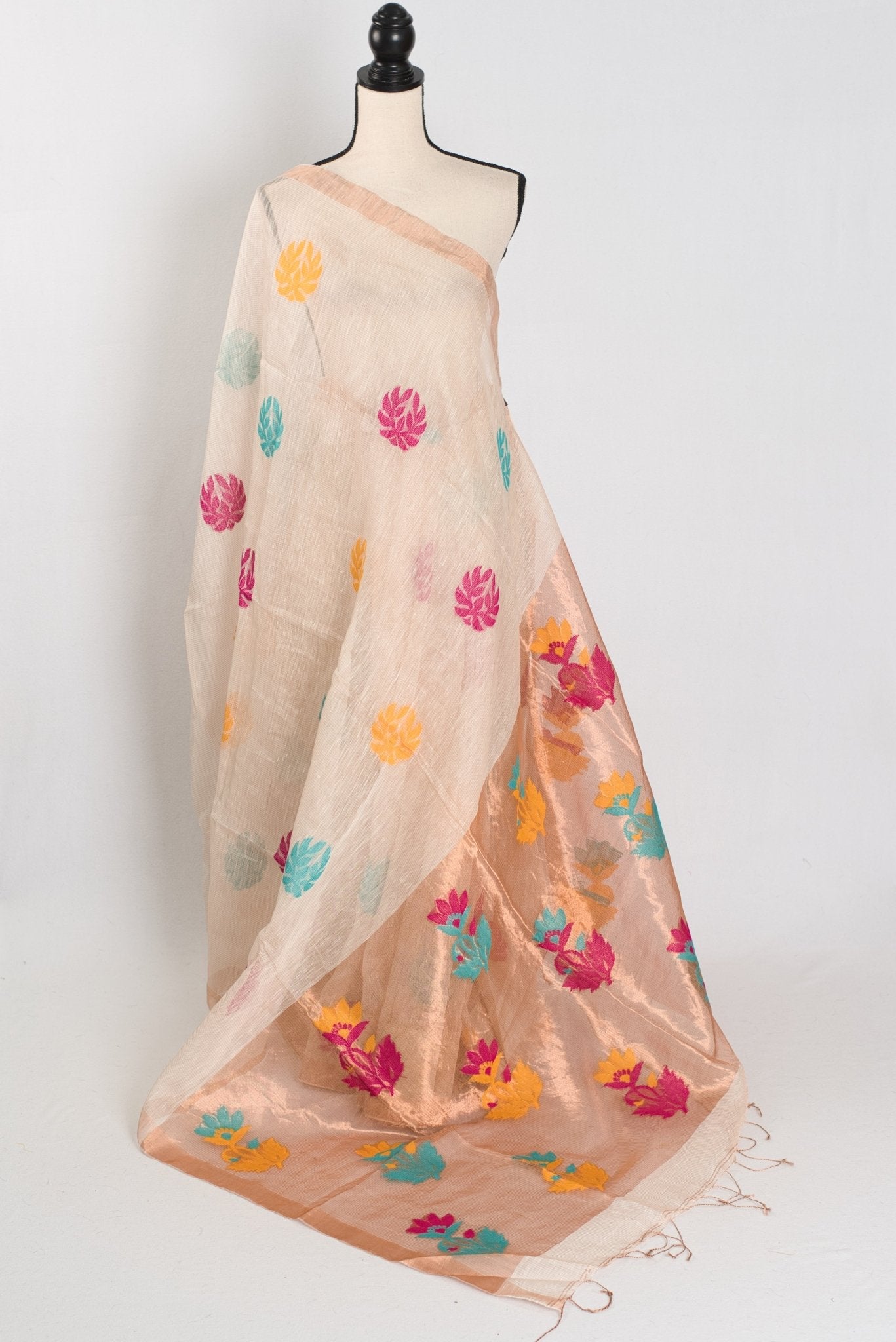 Mou: Beige & Gold Bengal Silk Linen Saree | Elegant Festive Wear - Saree Mandi
