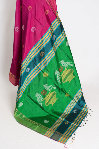 Mridula : Lightweight Bishnupur Katan Silk Saree in Purple and Green - Saree Mandi