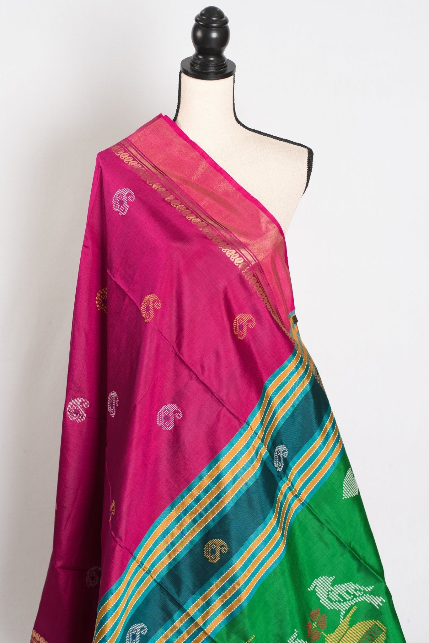 Mridula : Lightweight Bishnupur Katan Silk Saree in Purple and Green - Saree Mandi