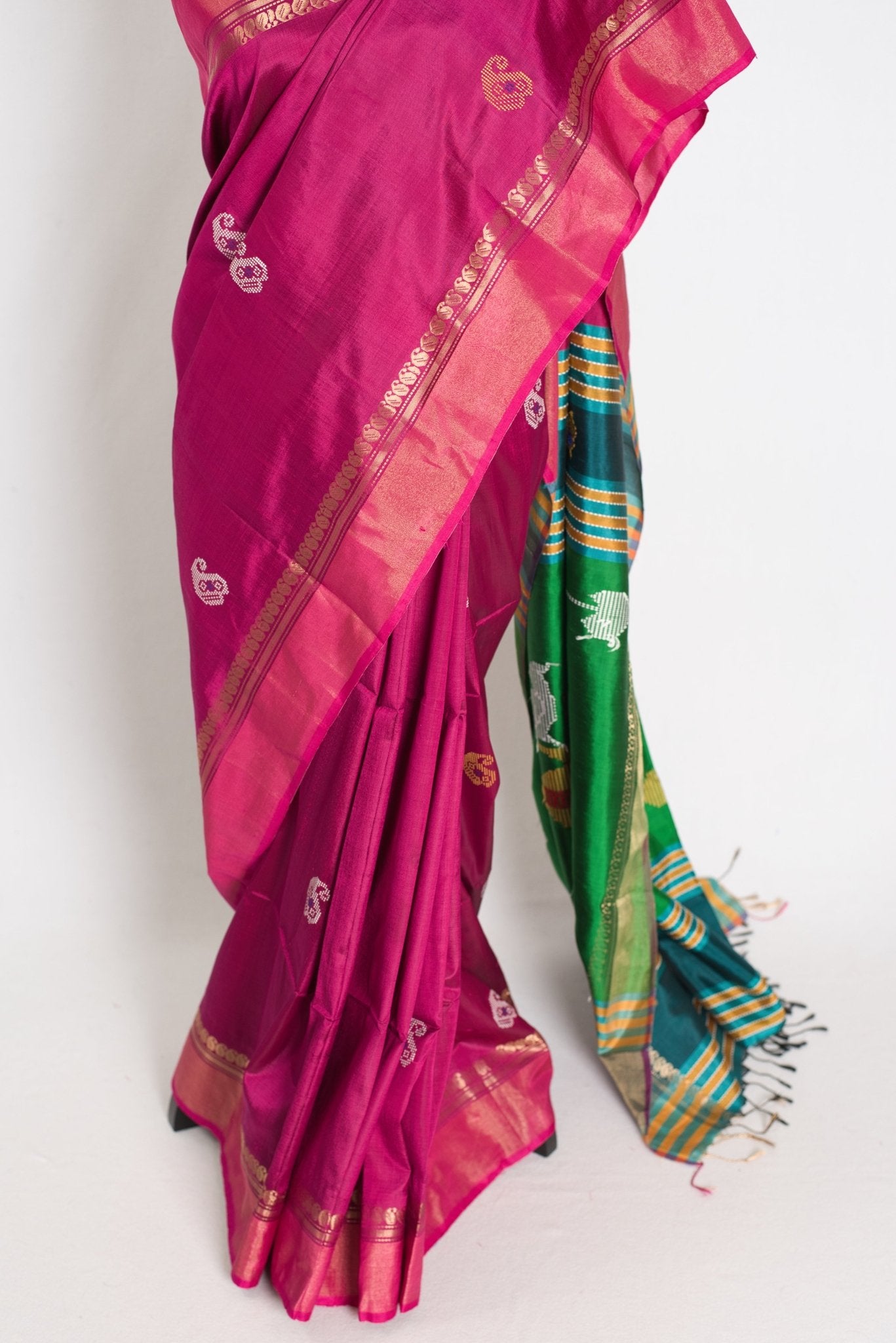 Mridula : Lightweight Bishnupur Katan Silk Saree in Purple and Green - Saree Mandi