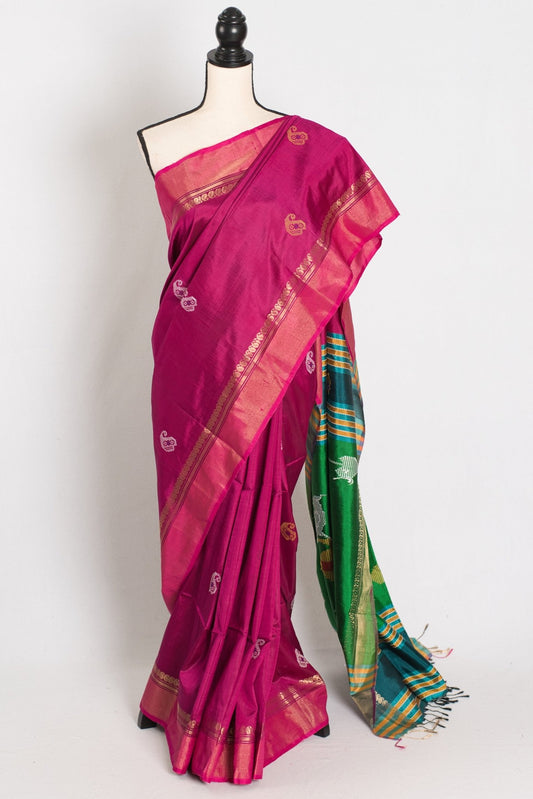 Mridula : Lightweight Bishnupur Katan Silk Saree in Purple and Green - Saree Mandi