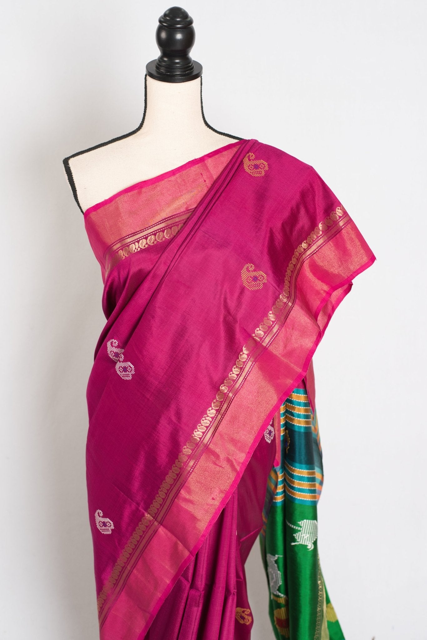 Mridula : Lightweight Bishnupur Katan Silk Saree in Purple and Green - Saree Mandi