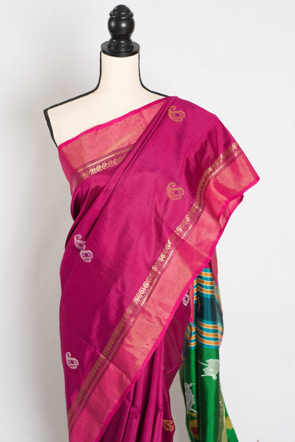 Mridula : Lightweight Bishnupur Katan Silk Saree in Purple and Green - Saree Mandi