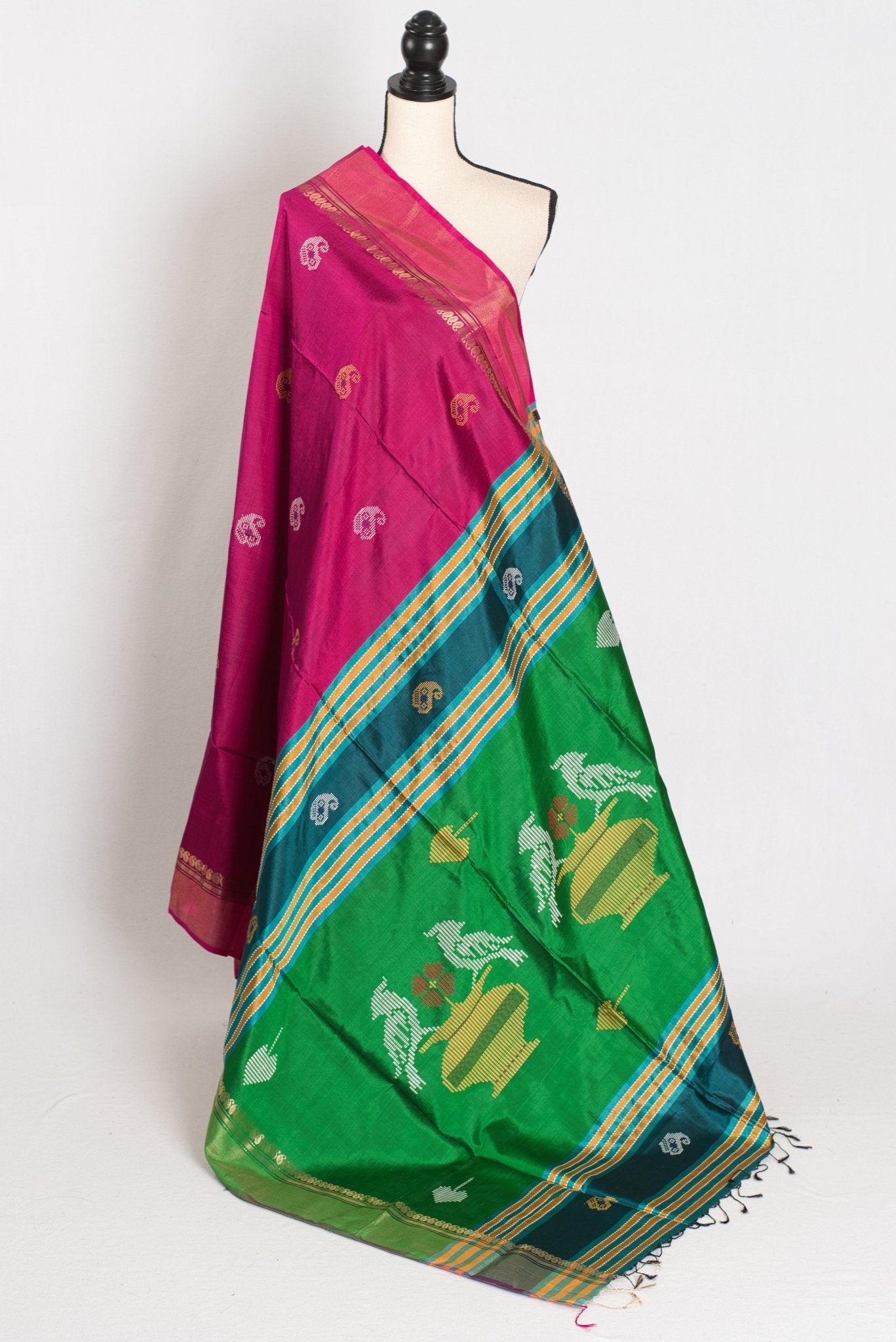 Mridula : Lightweight Bishnupur Katan Silk Saree in Purple and Green - Saree Mandi
