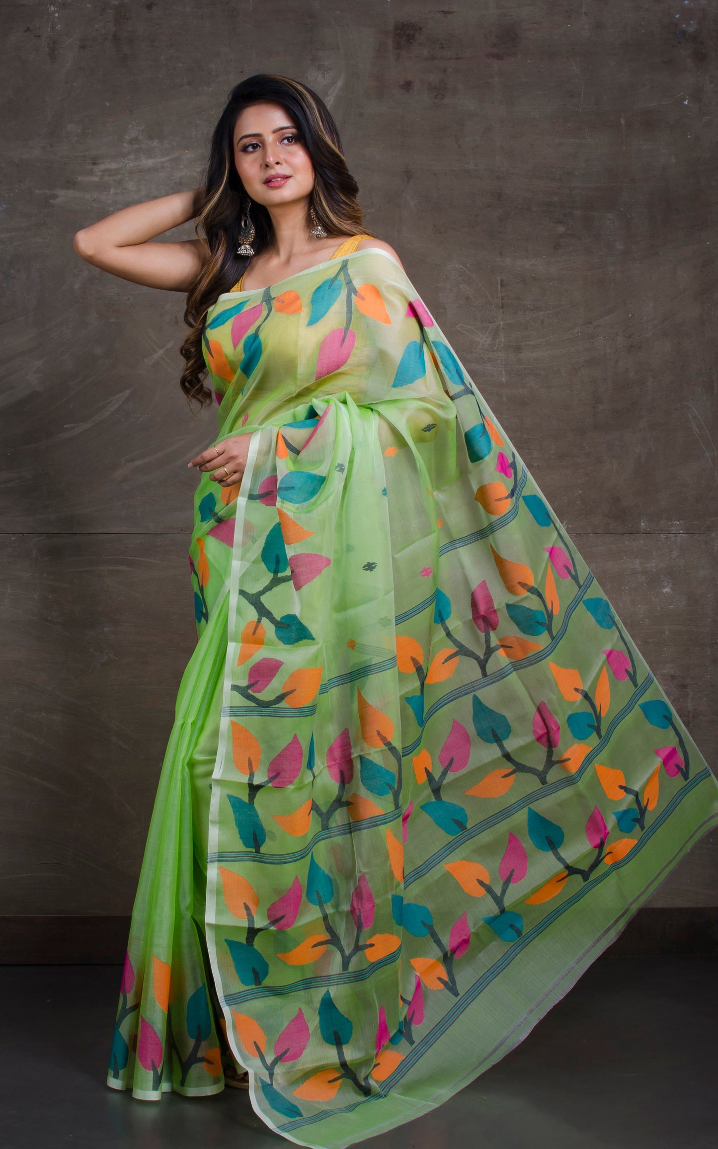 Leaf Motif Nakshi Silk Jamdani Saree in Mint Green and Multicolored Thread Work