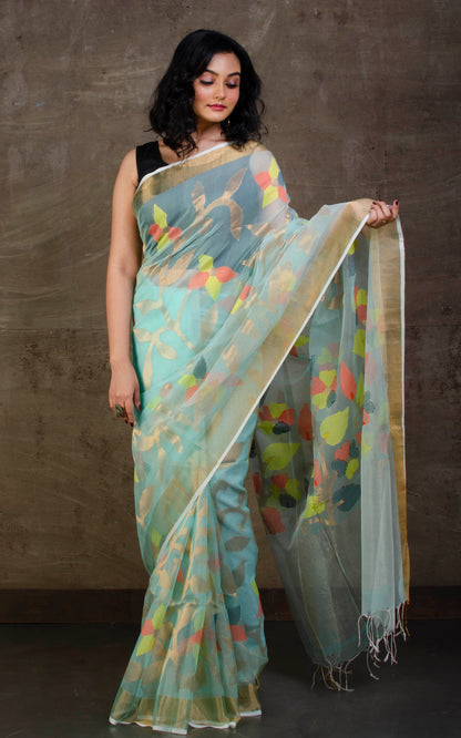 Muslin Silk Jamdani Saree in Arctic Blue, Gold Zari and Multicolored Thread Work