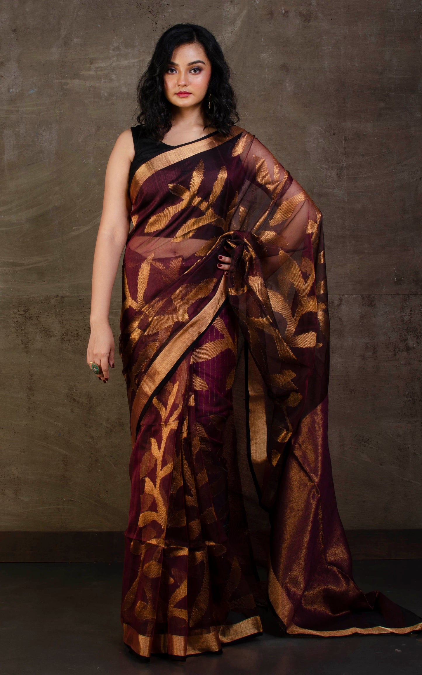 Jangla Jaal Work Muslin Silk Jamdani Saree in Dark Wine, Black and Antique Gold