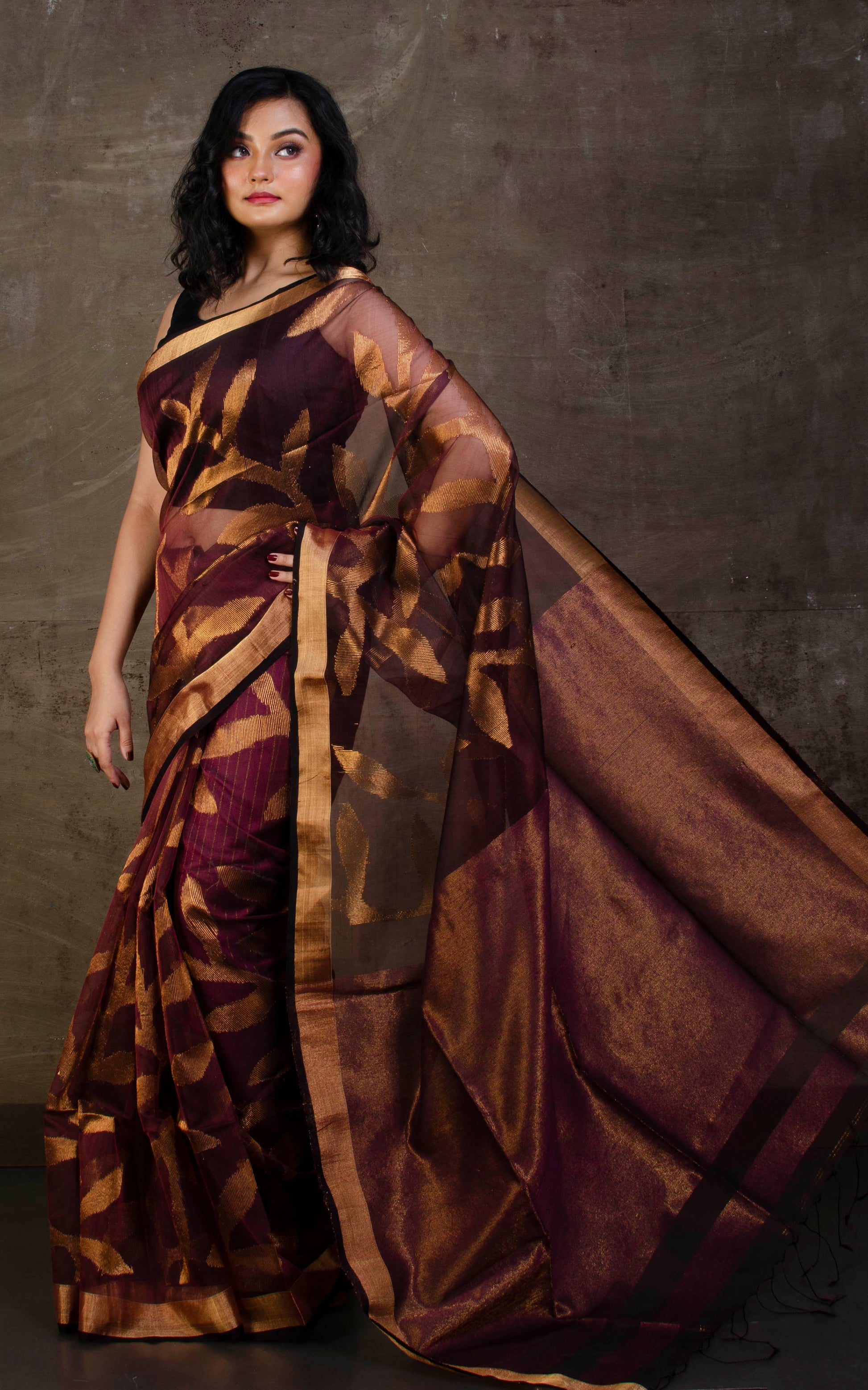 Jangla Jaal Work Muslin Silk Jamdani Saree in Dark Wine, Black and Antique Gold