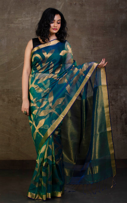 Jangla Jaal Work Muslin Silk Jamdani Saree in Peacock Green, Blue and Antique Gold