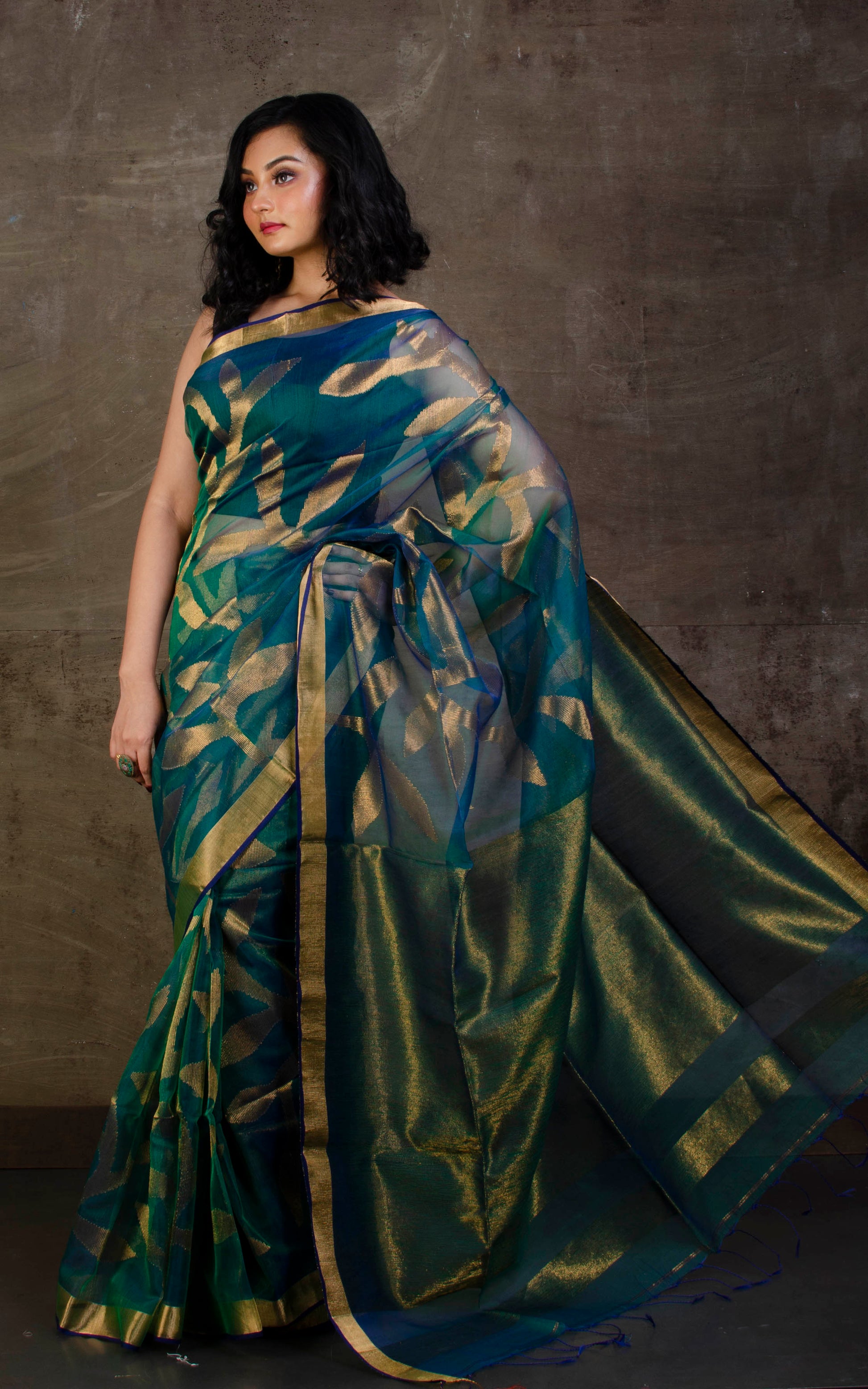 Jangla Jaal Work Muslin Silk Jamdani Saree in Peacock Green, Blue and Antique Gold