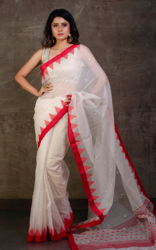 Woven Kota Checks Resham Muslin Jamdani Saree in White and Red