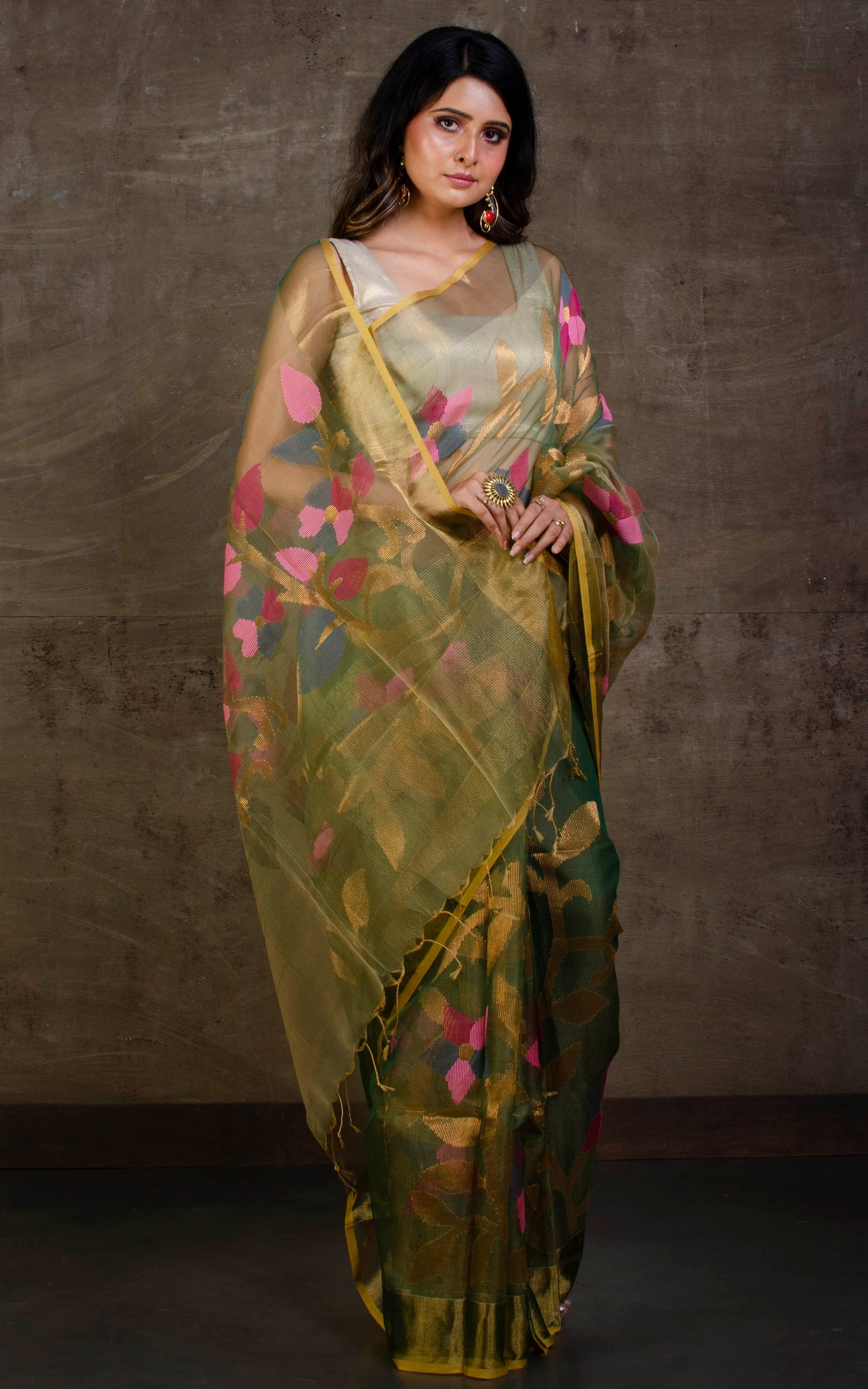 Muslin Silk Jamdani Saree in Dark Olive Green, Gold Zari and Multicolored Thread Work